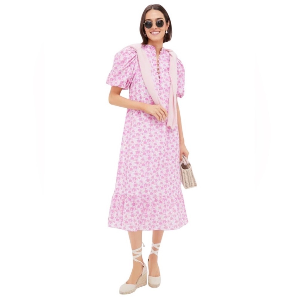 Pink Floral Midi Dress with Puff Sleeves